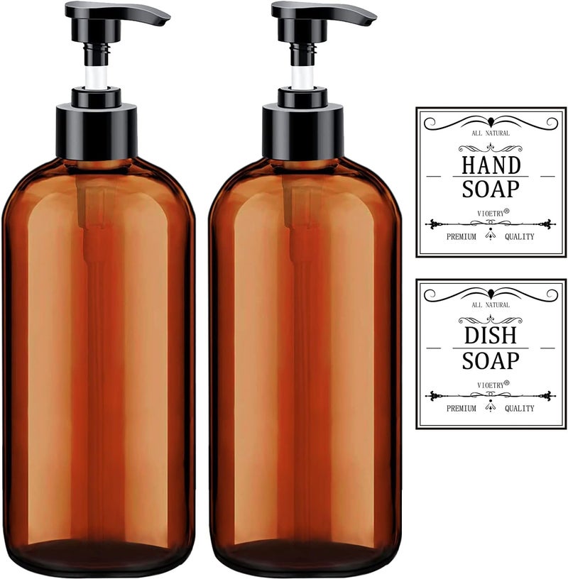 Xlent Soap Dispenser with Rust Proof Pump, Waterproof Labels (2 Pack,16 Oz) Bathroom, Plastic Hand Dish Soap Dispenser for Kitchen, Premium Thick Soap Pump Bottles (Amber) - Image 1
